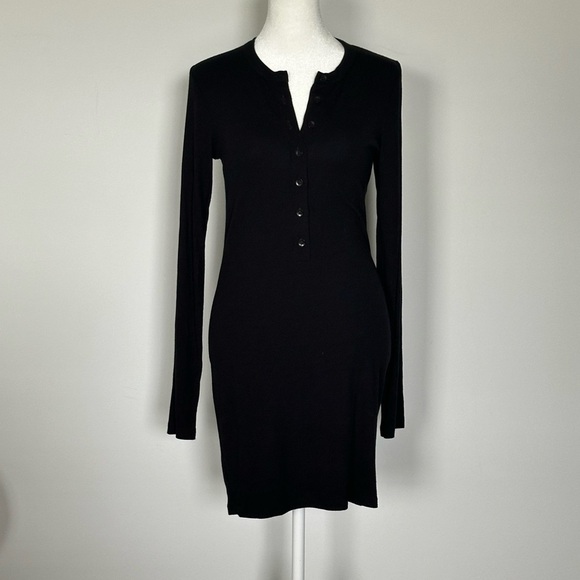 CLYQUE Black Ribbed Henley Mini Dress Long Sleeve Bodycon Stretch Party - Picture 5 of 6